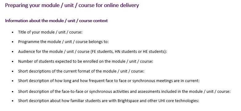 Screenshot of the workbook section Information about the module / unit / course context